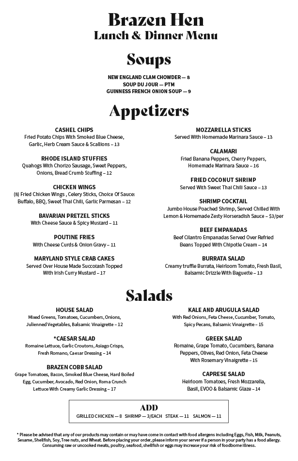 Brazen Hen Menu